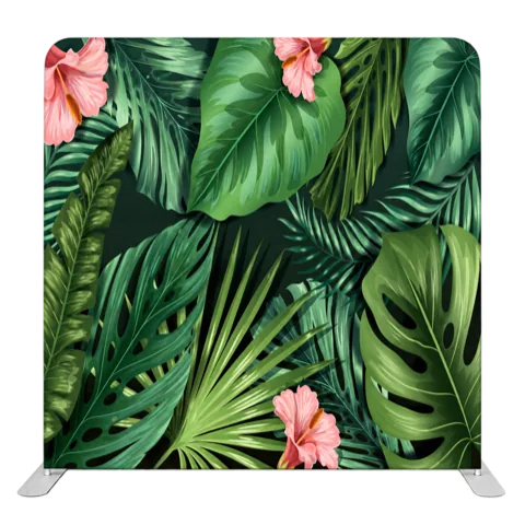 Green tropical leaf and pink flower backdrop design
