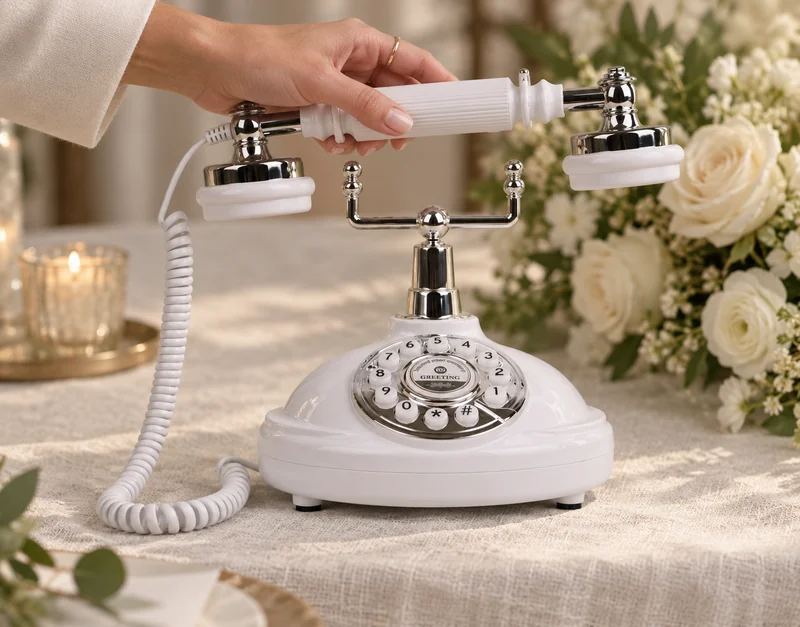A hand lifting the white receiver from the audio guestbook phone, beside roses and a candle.