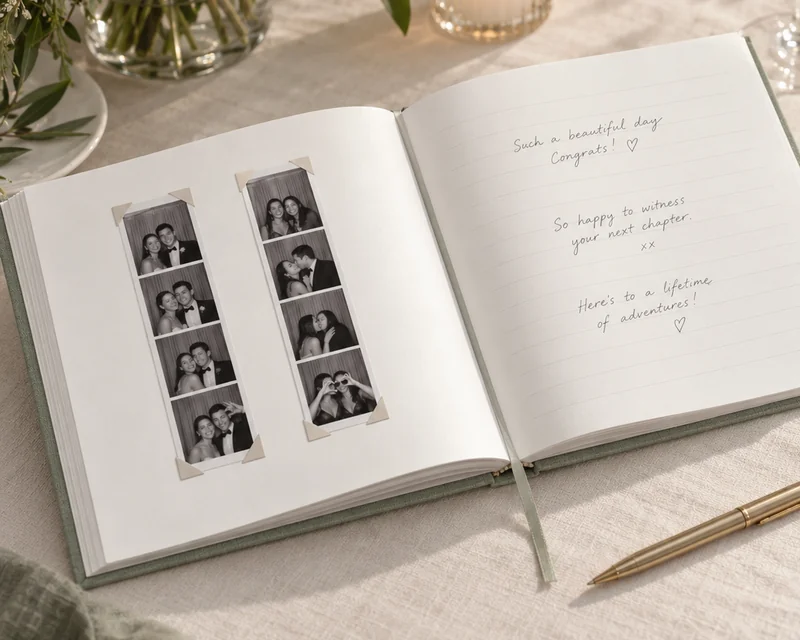 An open sage guestbook with two black and white photo strips held by photo corners, beside handwritten messages.