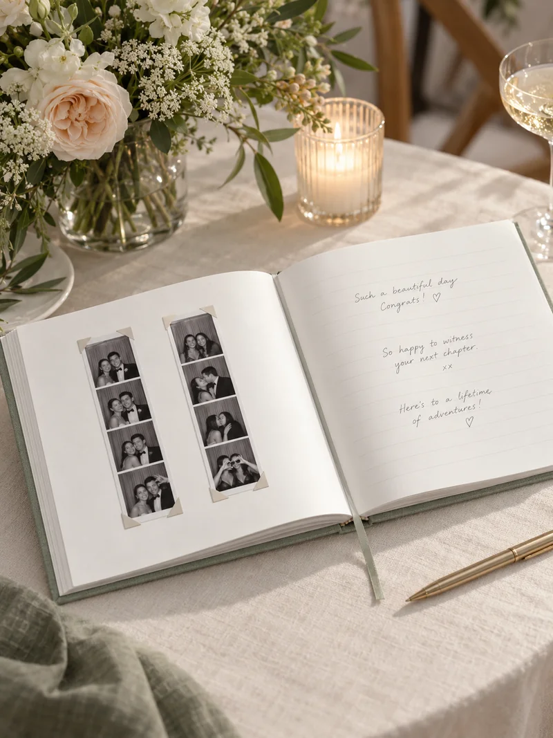 An open sage guestbook with two black and white photo strips held by photo corners, beside handwritten messages.