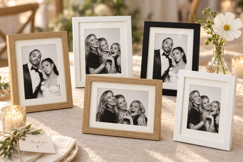 Portrait and landscape photo frames in black, white and wood, arranged together on an ivory reception table.