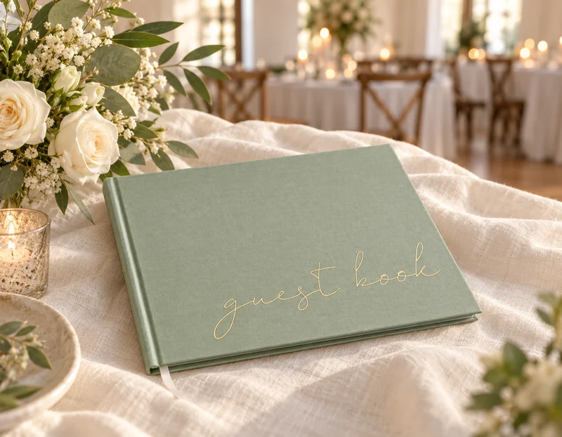Sage-green linen guestbook with gold lettering, styled with ivory linen and white roses.