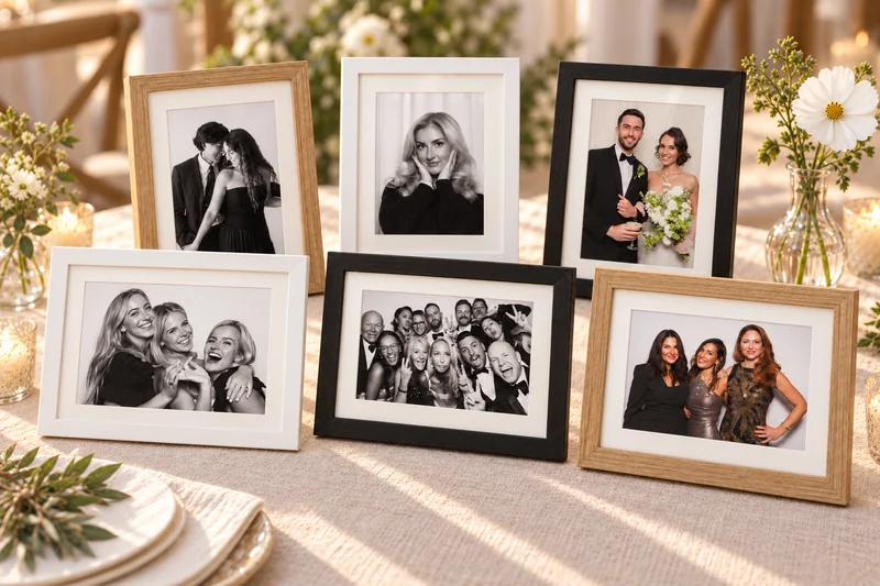 Six black, white and wood frames holding six different portraits, including couples, friends and a wedding party, on ivory linen.
