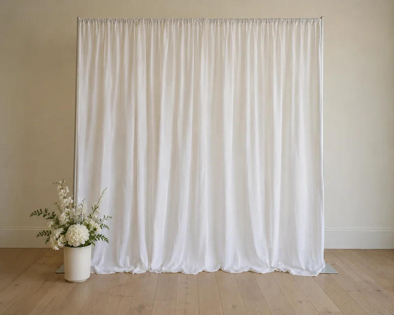 Simple white fabric drapes with natural folds and a white pot of flowers at the base.