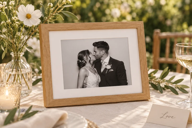 A landscape wood frame displaying a mounted black and white wedding photograph on a garden table.