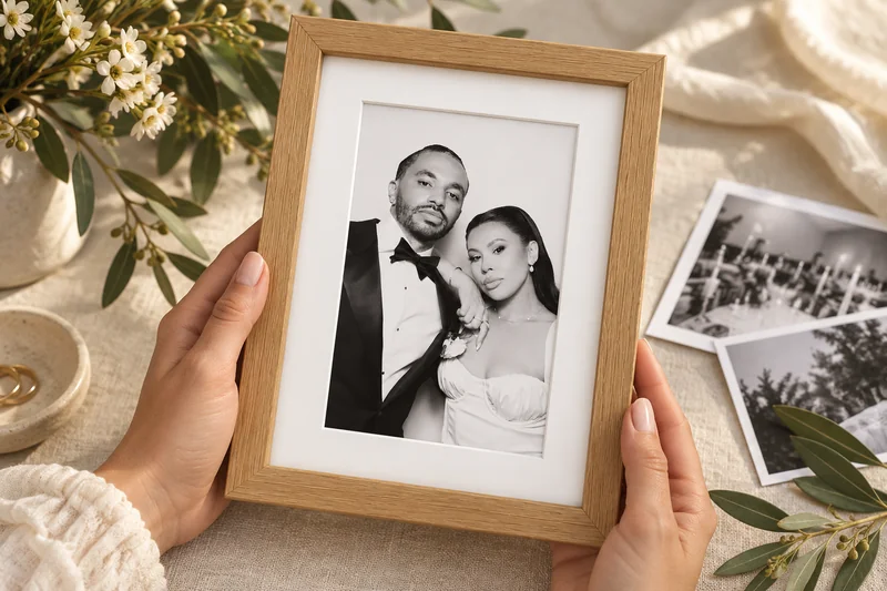 Hands holding a mounted black and white portrait in a wood frame.